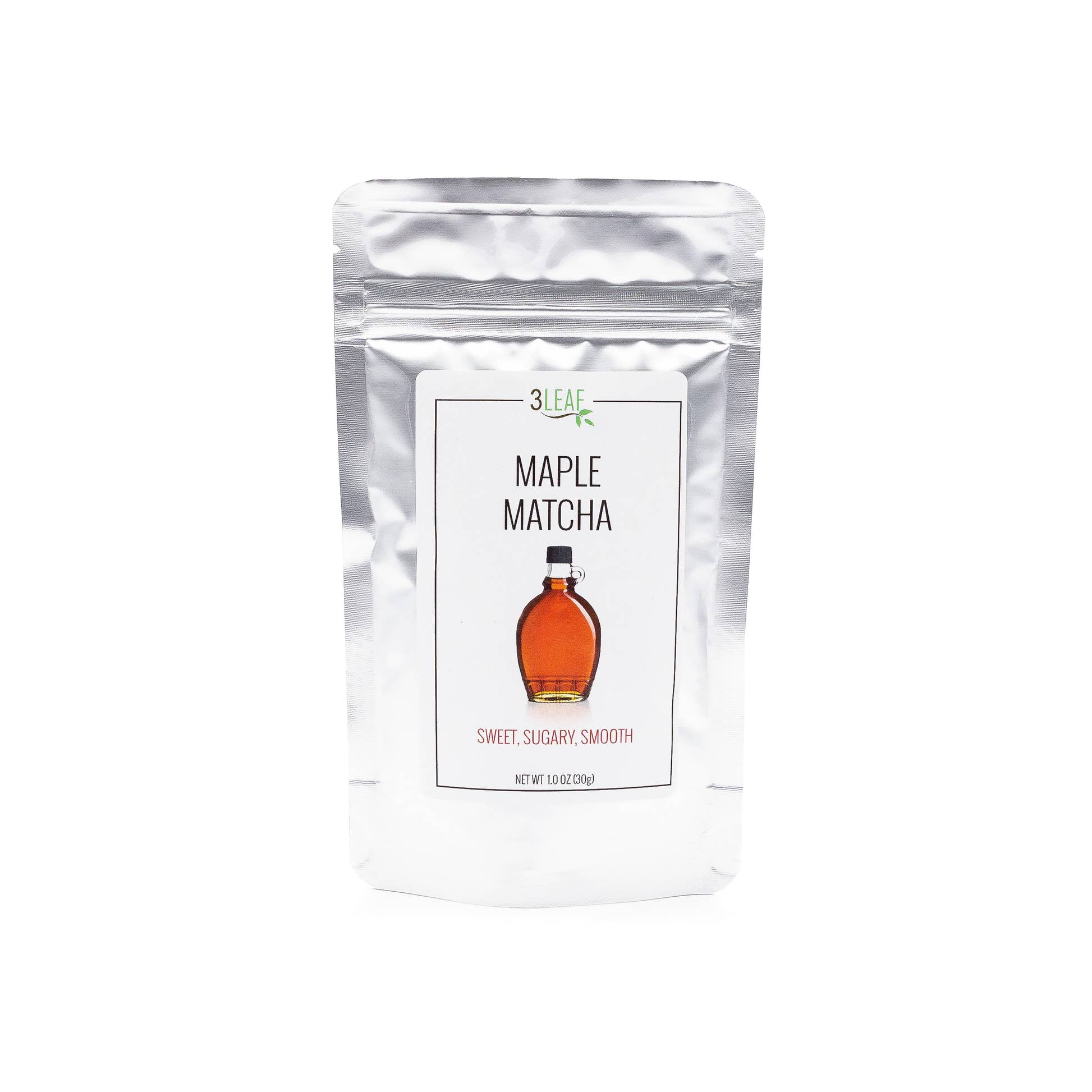 Maple Matcha by 3 Leaf Tea printed pouch with bottle of maple syrup and tea description of sweet, sugary, smooth