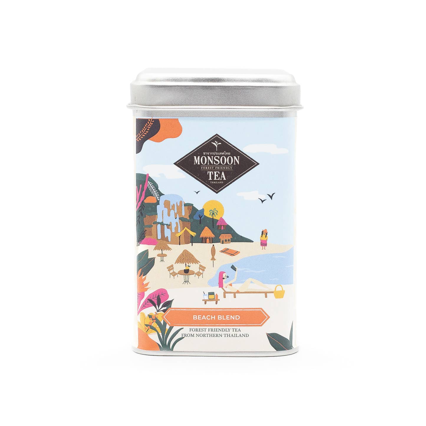 Beach Blend by Monsoon Tea loose leaf tea tin with picture of beach scene in Thailand