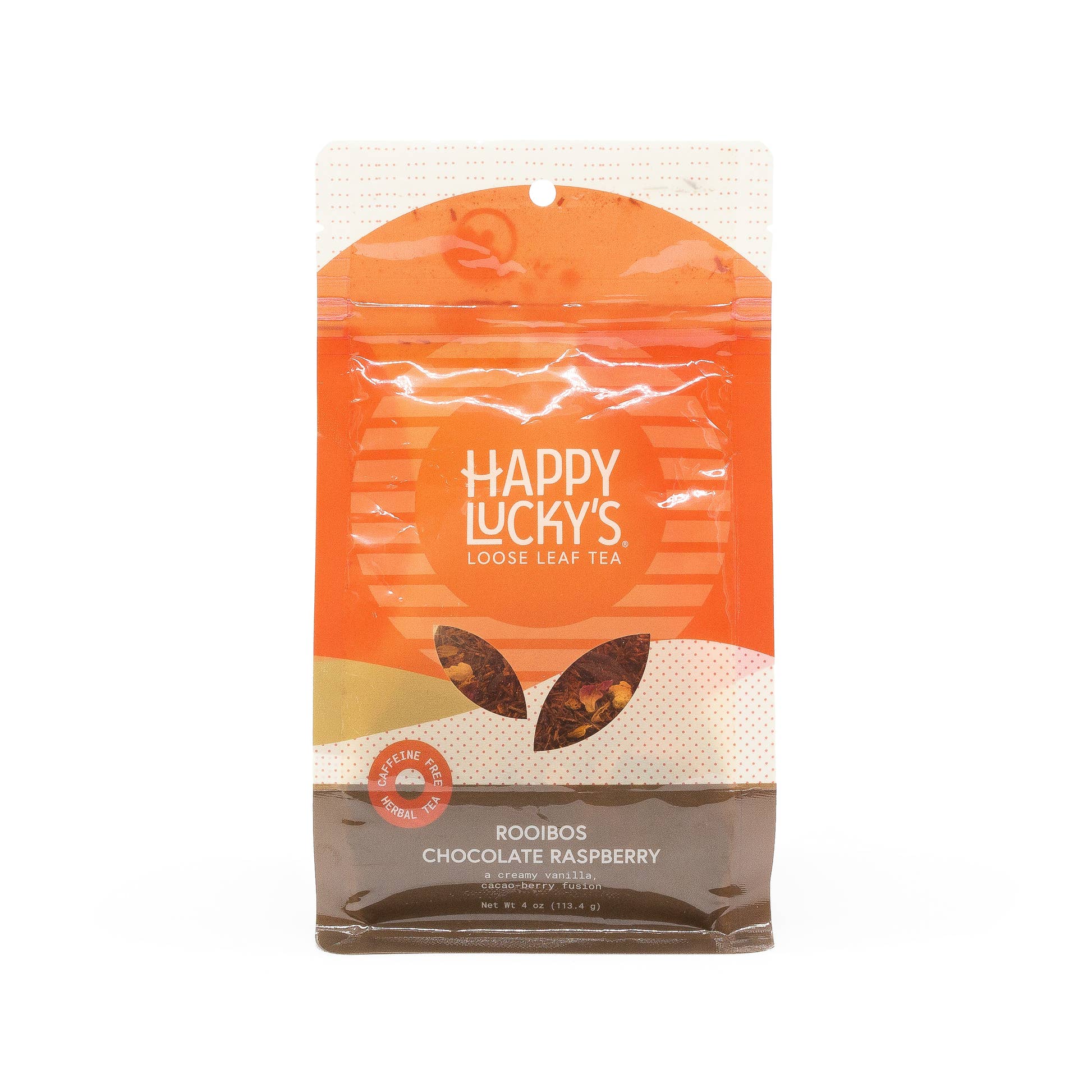 Rooibos Chocolate Raspberry by Happy Lucky's loose leaf tea package caffeine free herbal tea