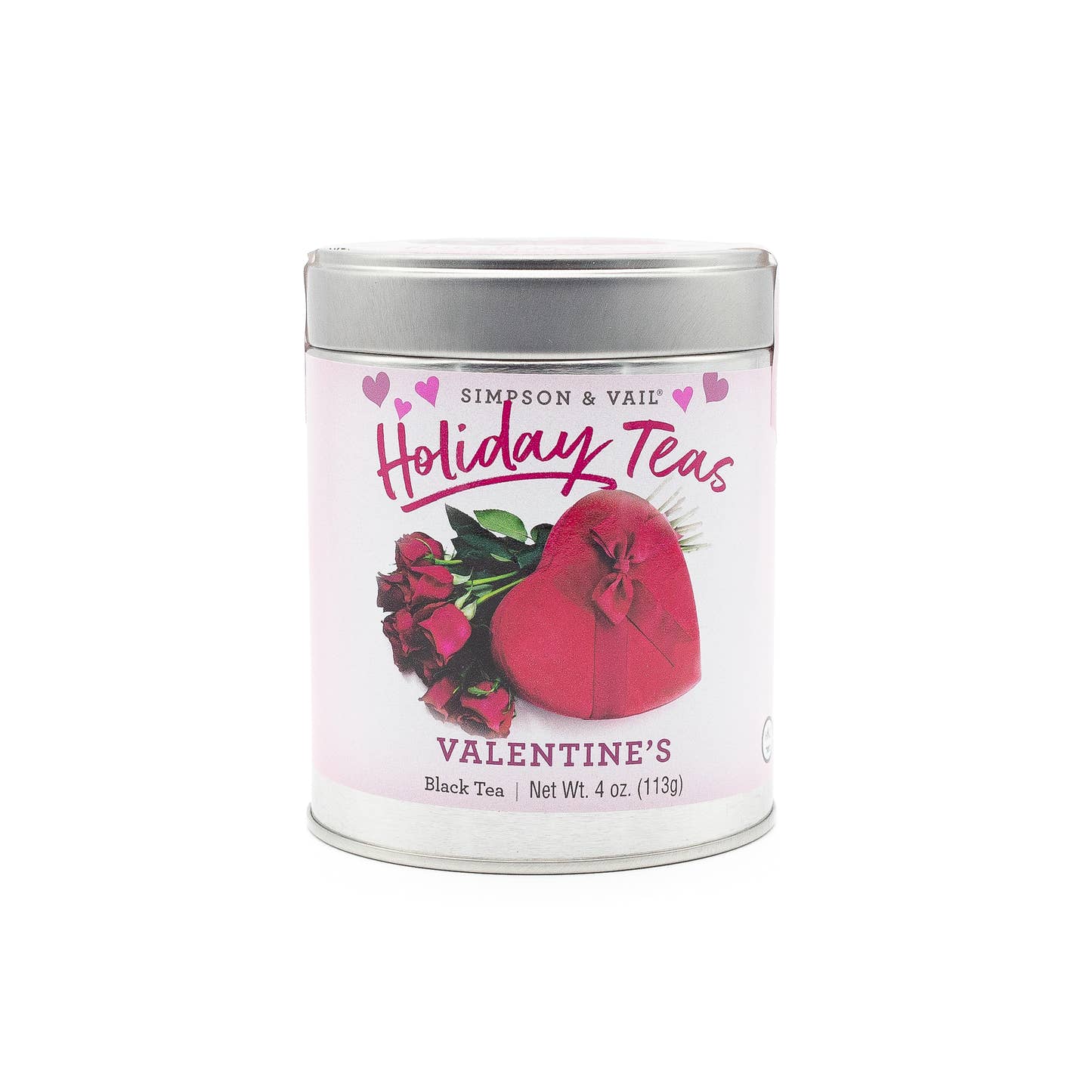 Valentine's Tea Blend tea tin printed with roses and hearts by Simpson & Vail