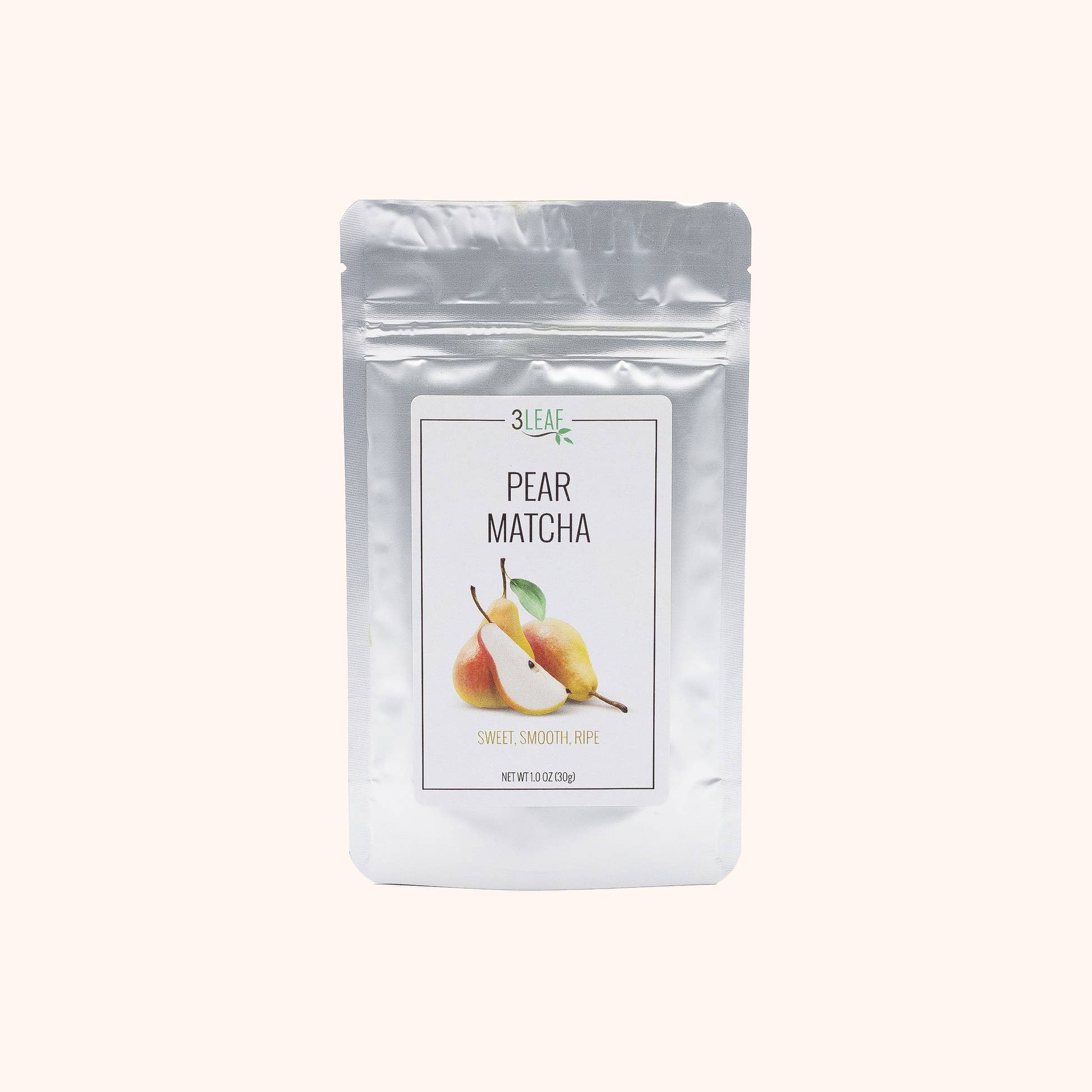 Pear Matcha by 3 Leaf Tea matcha pouch with a pear