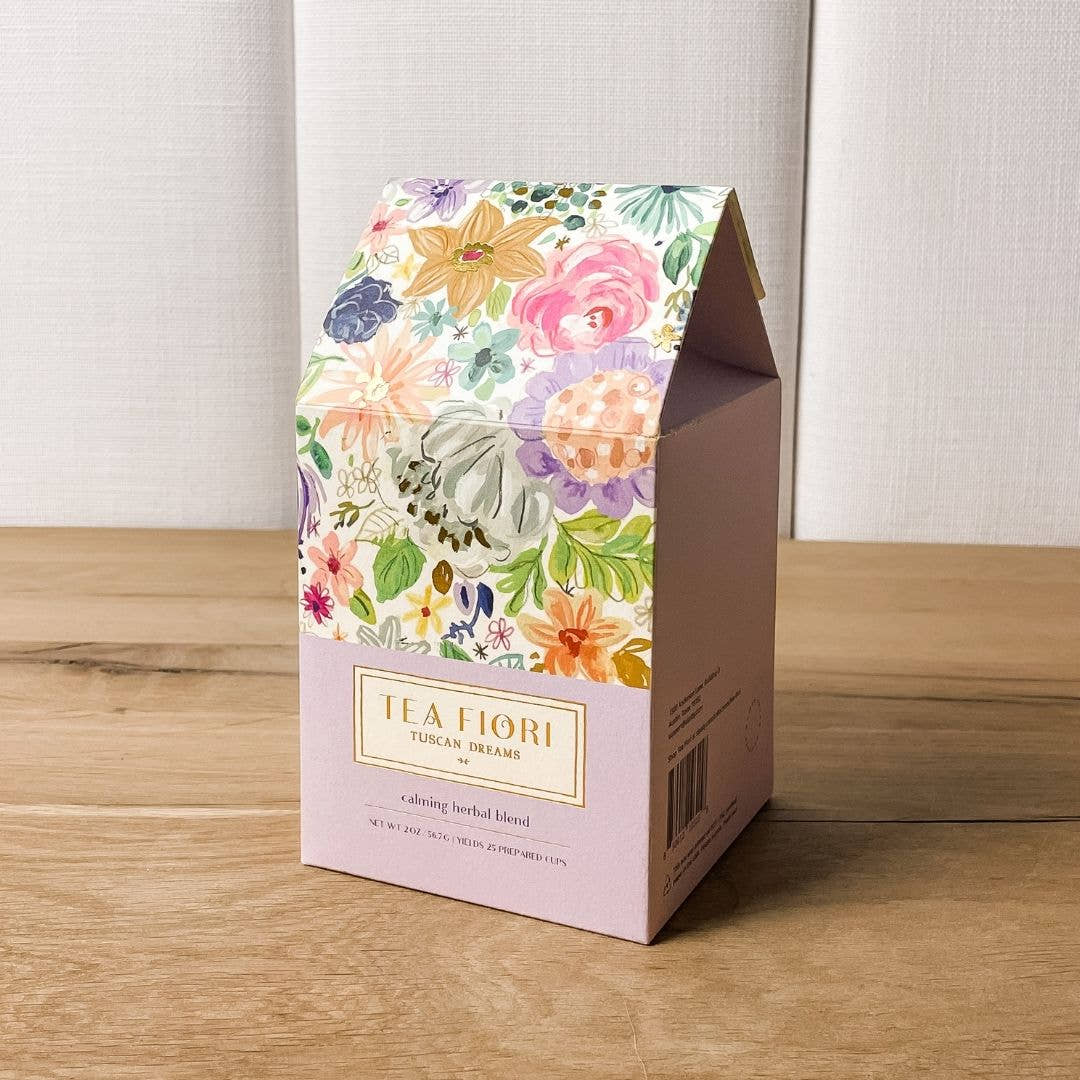 Patterned lavender and floral gift box with Tuscan Dreams loose leaf tea by Tea Fiori a calming herbal blend