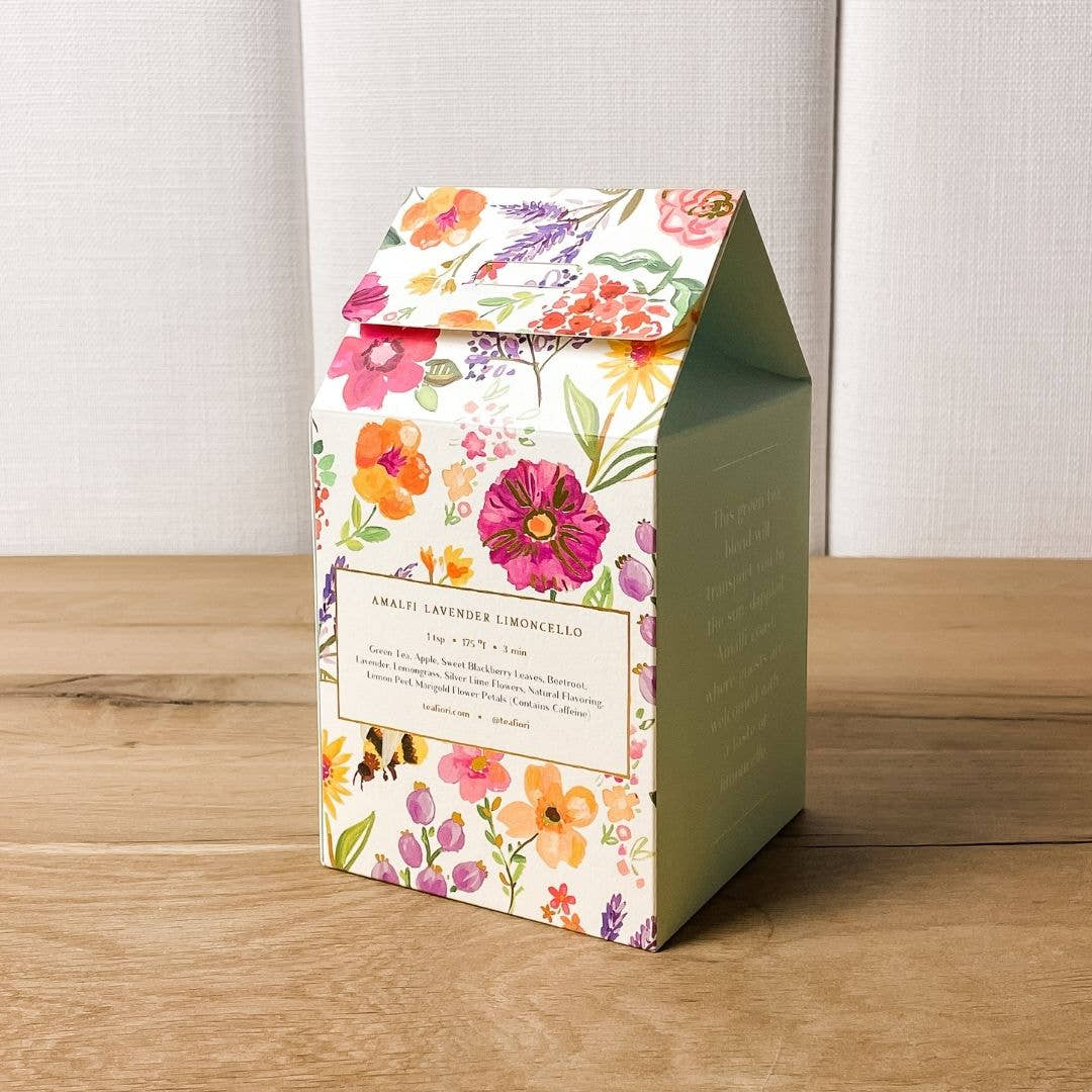 Back of Amalfi Lavender Limoncello floral tea box with steeping instructions of 1 tsp at 175 degrees F for 3 min, teafiori.com and @teafiori and ingredients list