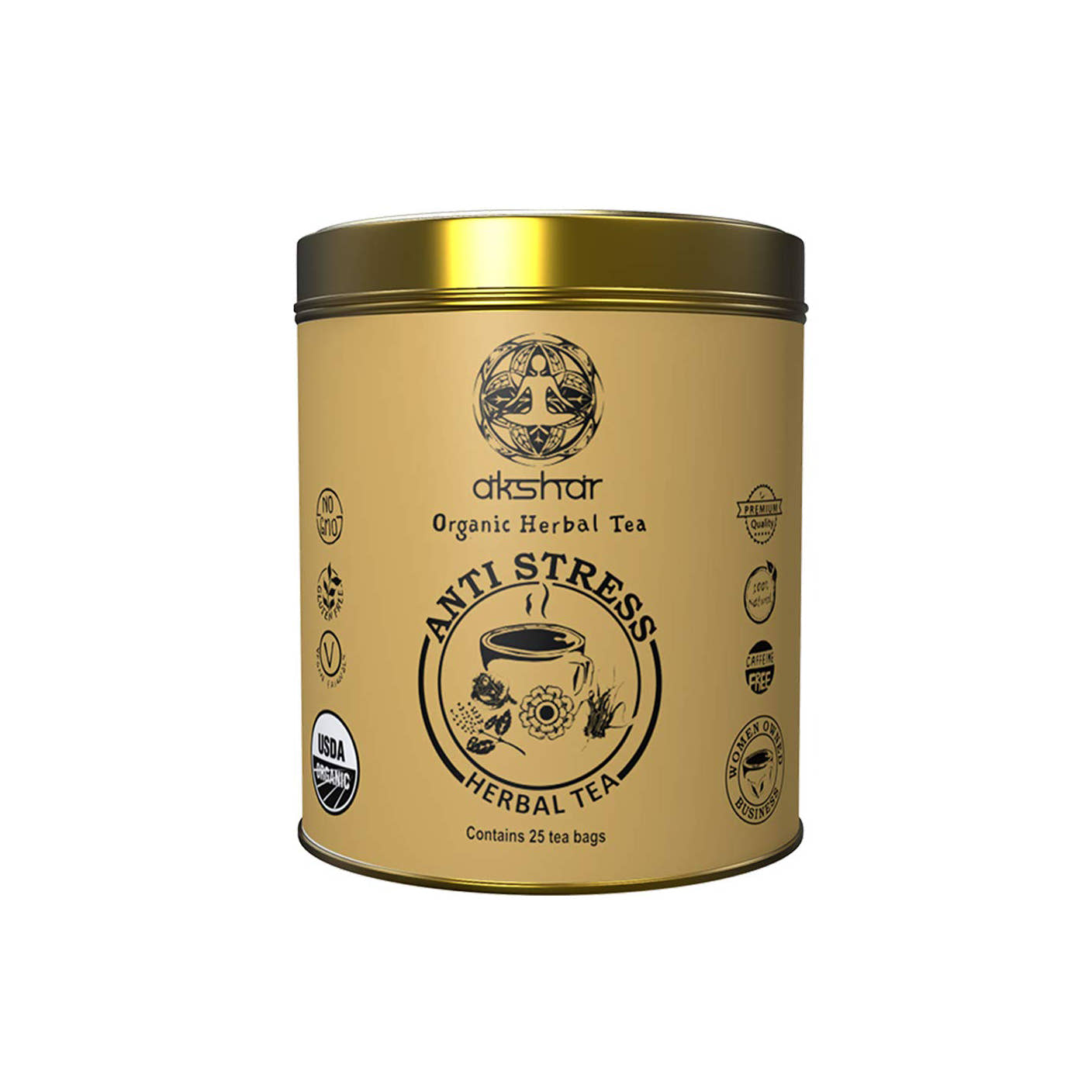 anti stress sips by akshar organic herbal tea 25 tea bags in a gold tan tin