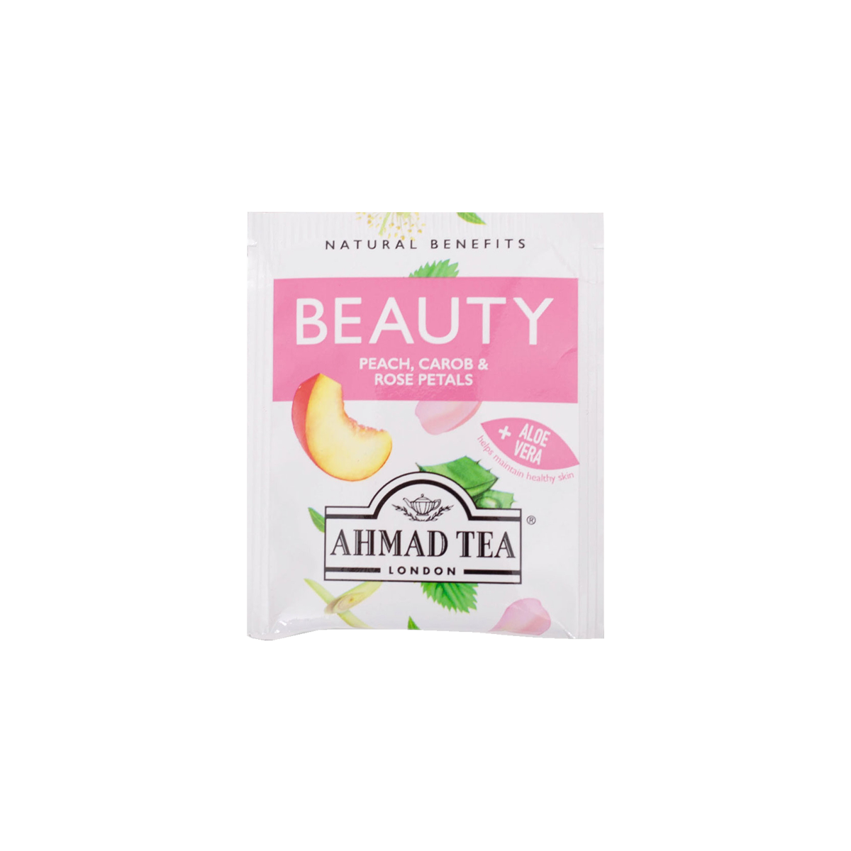 natural benefits beauty tea with peach, carob, and rose petals sips by ahmad tea london tea bag