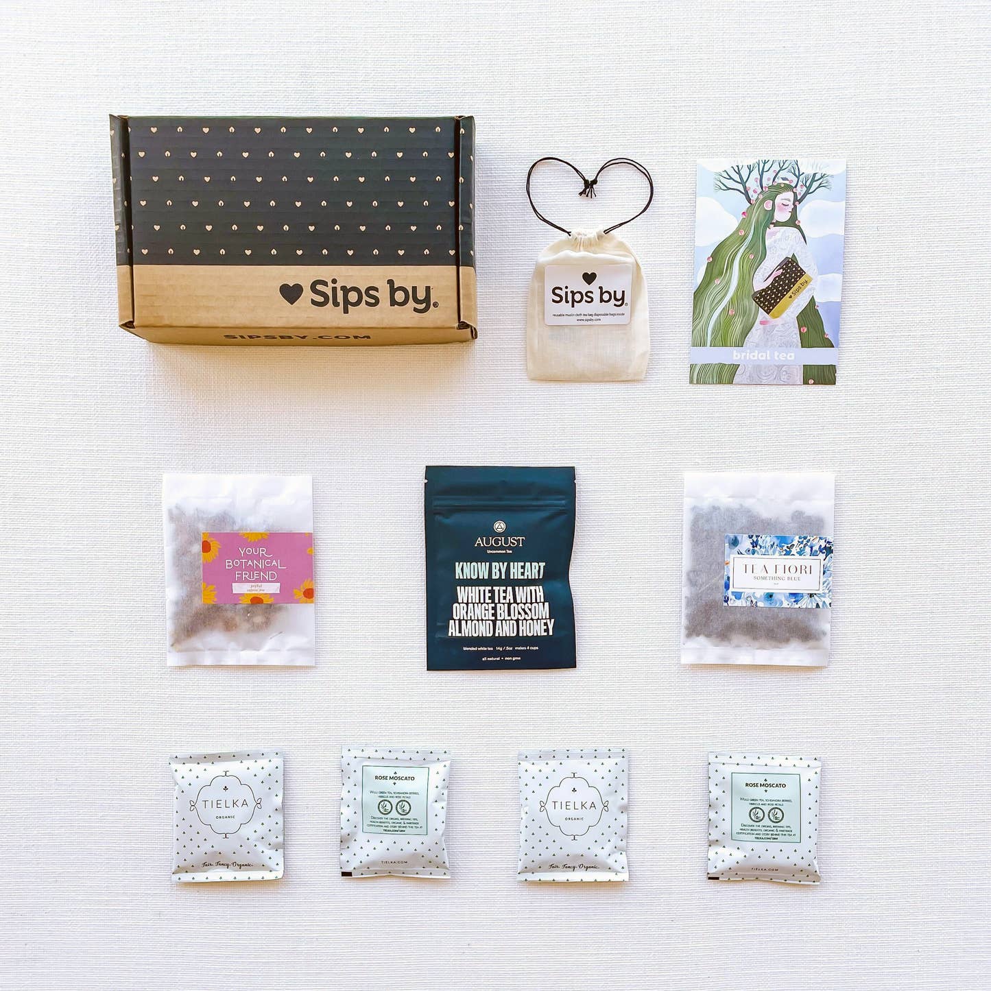 Bridal Tea Box with Sips by Box, Bridal Tea Box illustrated postcard, tea bag kit, and four loose leaf teas