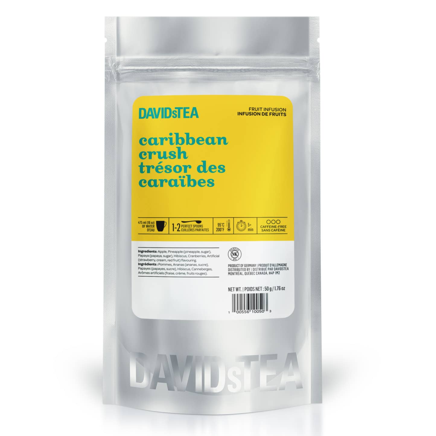 caribbean crush sips by davidstea herbal tea blend tropical infusion loose leaf silver pouch