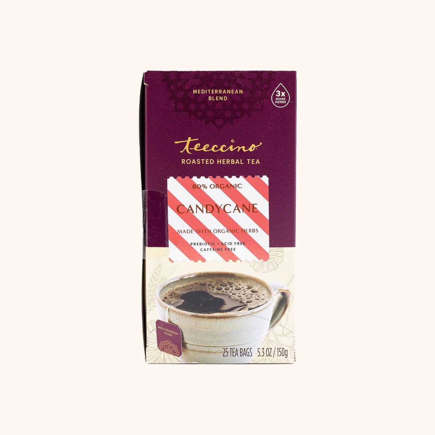 Candy Cane Chicory Herbal Tea by Teeccino box with tea bags