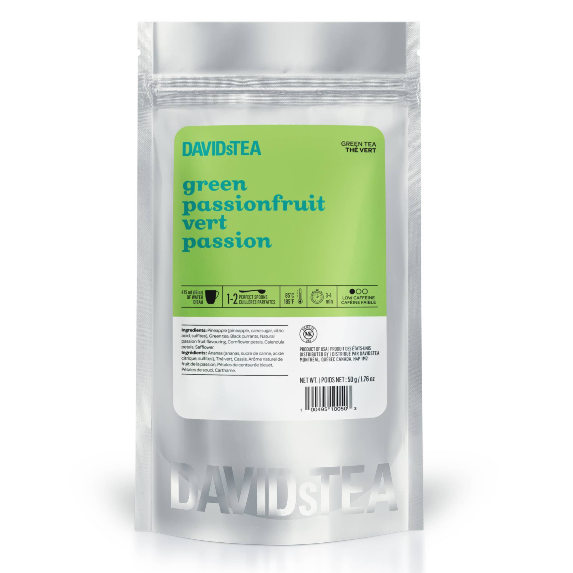 green passionfruit sips by davidstea green tea blend loose leaf in silver pouch