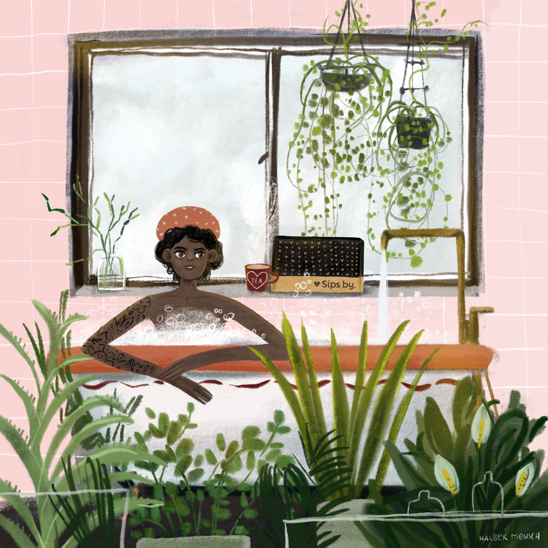 Moment for Mom illustration of person in pink bathroom soaking in a bathtub surrounded by plants and drinking a cup of tea from a Sips by Box