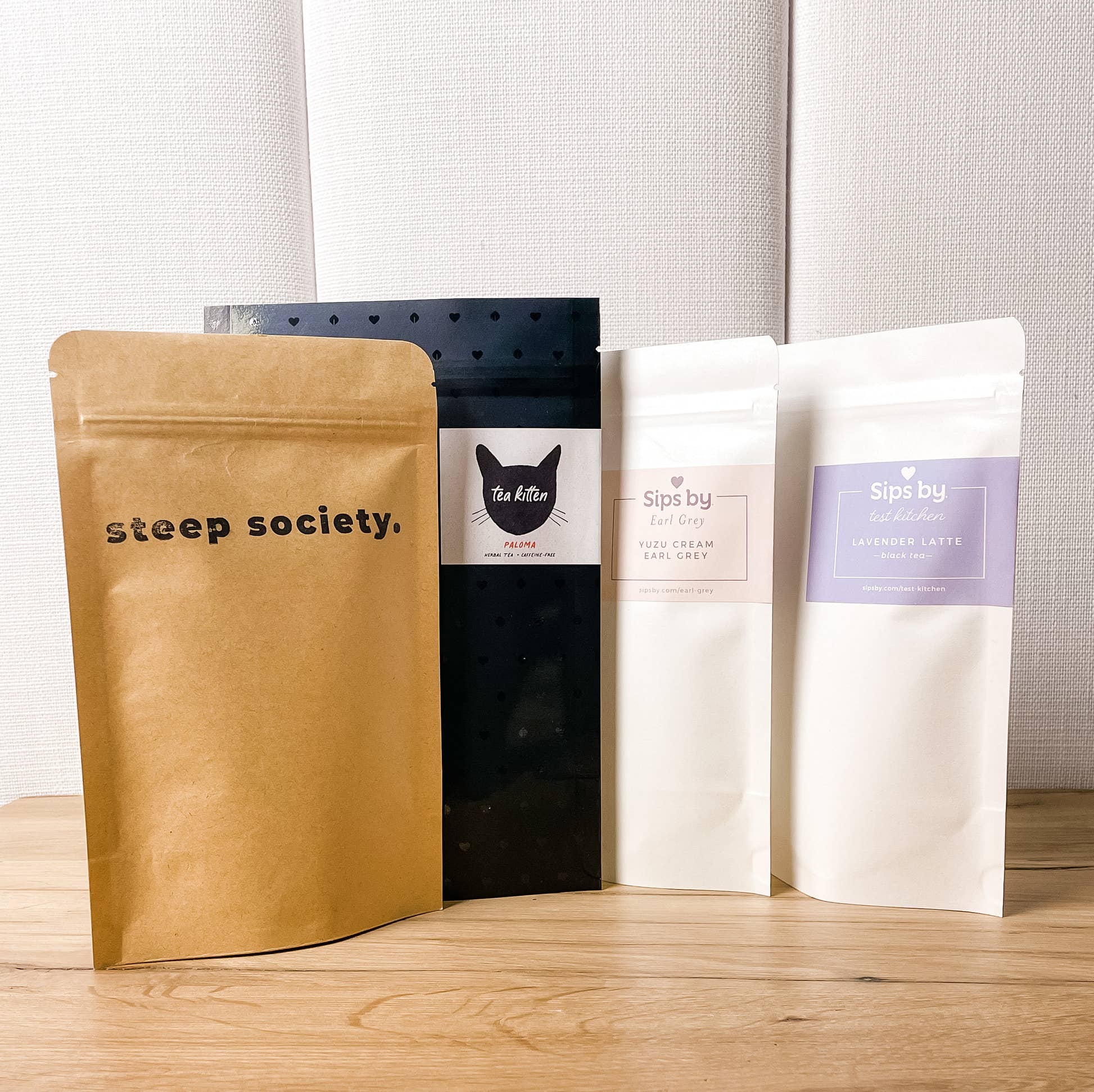 Brunch Tea Collection full-sized loose leaf tea pouches by Steep Society, Tea Kitten, Sips by Earl Grey, and Sips by Test Kitchen