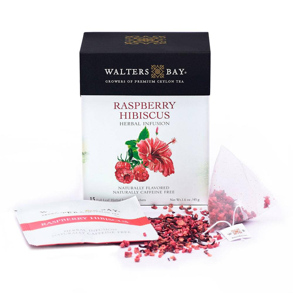 Shop Raspberry Hibiscus by Walters Bay package of tea sachets with hibiscus flower and raspberries on box