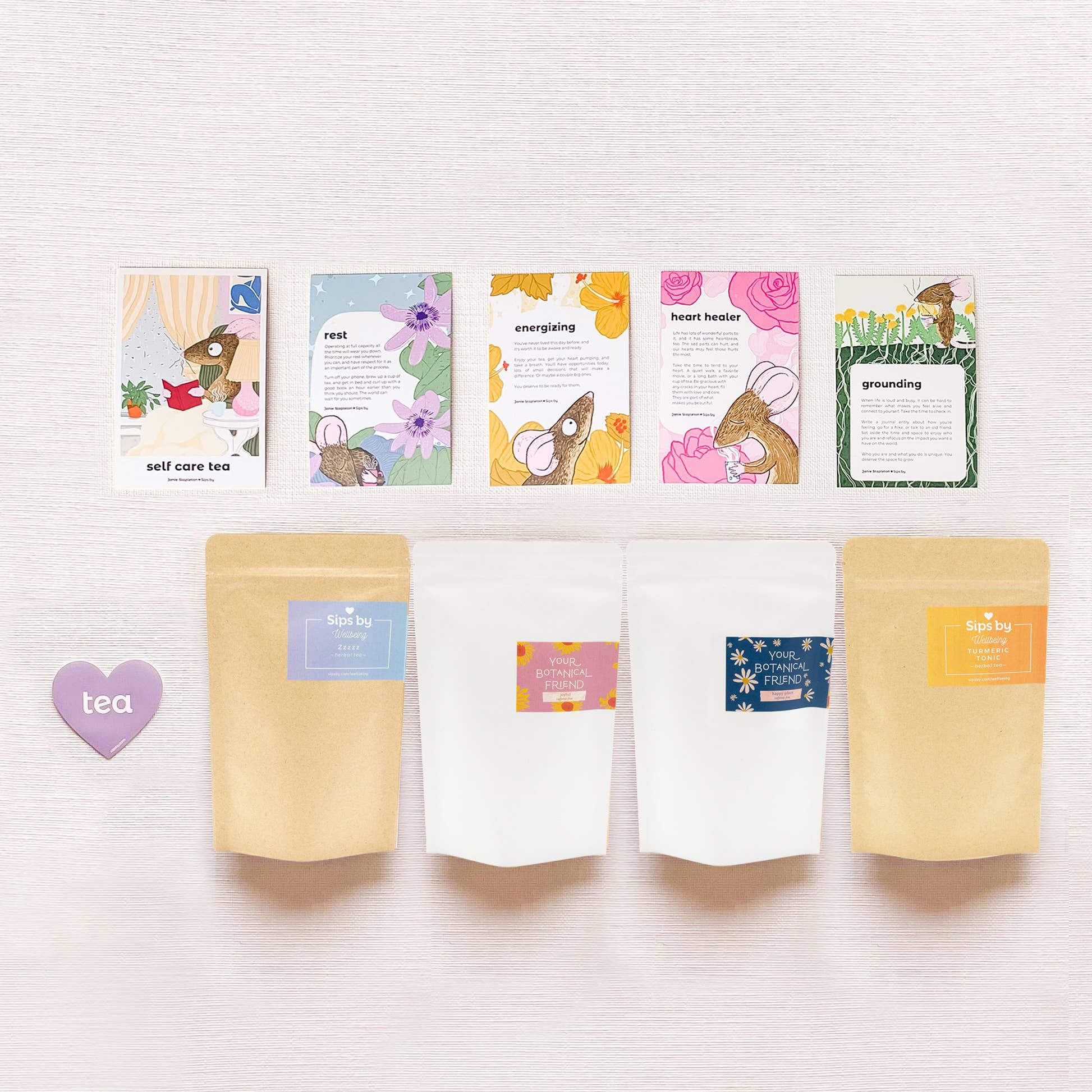 Self Care Tea Collection full-sized tea pouches with illustrated postcards by theme