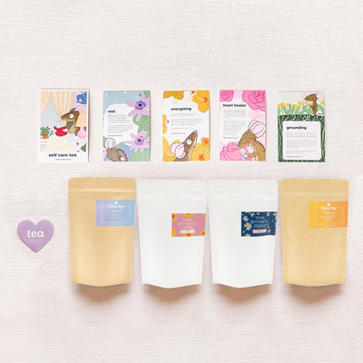Self Care Tea Collection full-sized tea pouches with illustrated postcards by theme