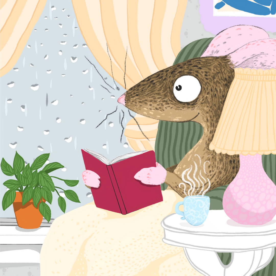 Illustration of a cute mouse reading a book by lamplight in a comfy chair by a rainy window with a green plant on windowsill and drinking a cup of tea from a blue mug
