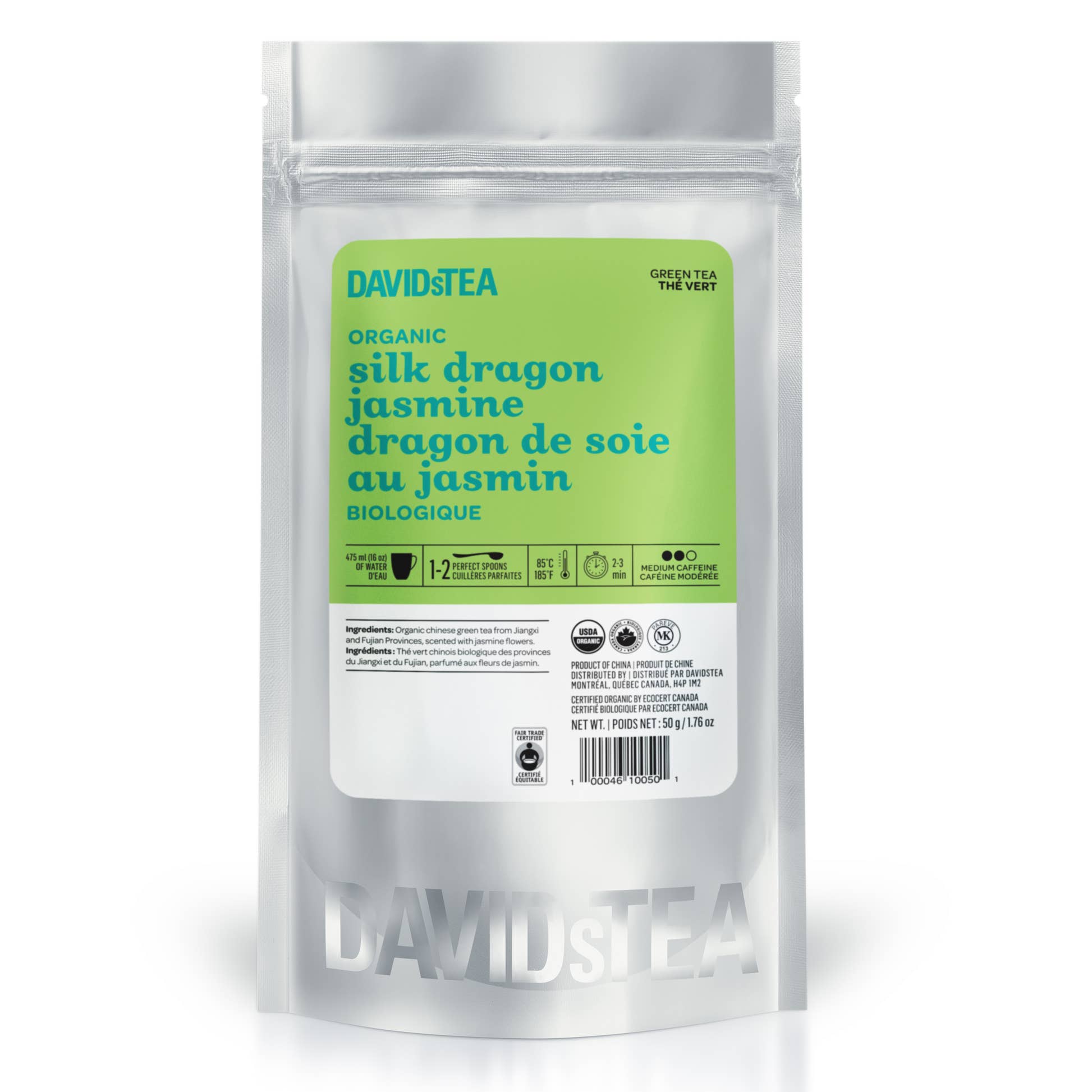 organic silk dragon jasmine sips by davidstea chinese green tea with jasmine flowers loose leaf in silver pouch