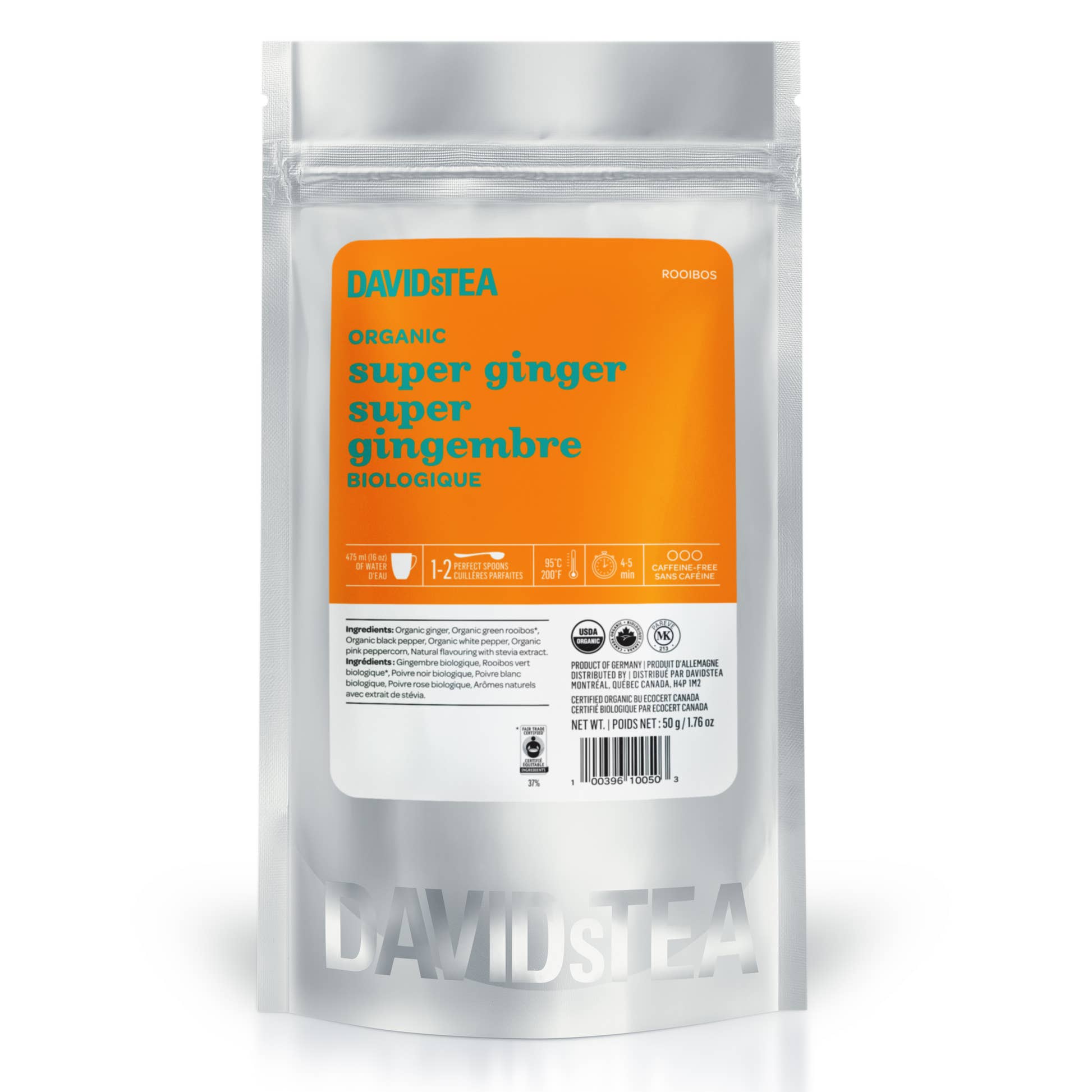 organic super ginger sips by davidstea herbal tea blend loose leaf in silver pouch