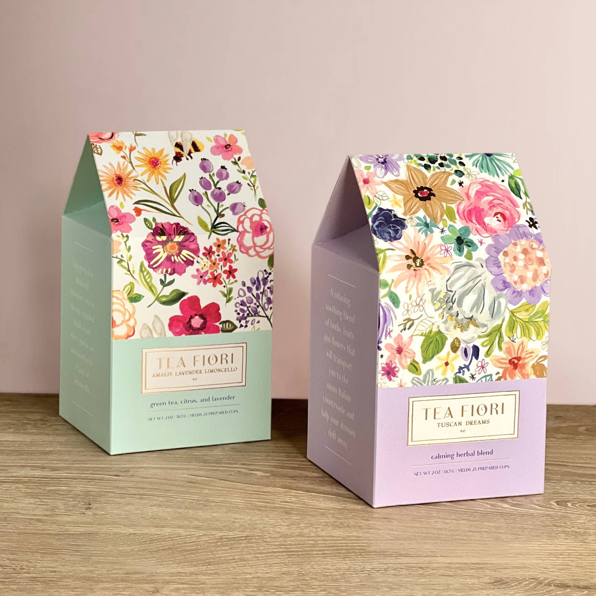 Tea Fiori Amalfi Lavender Limoncello and Tuscan Dreams purple and blue tea gift boxes