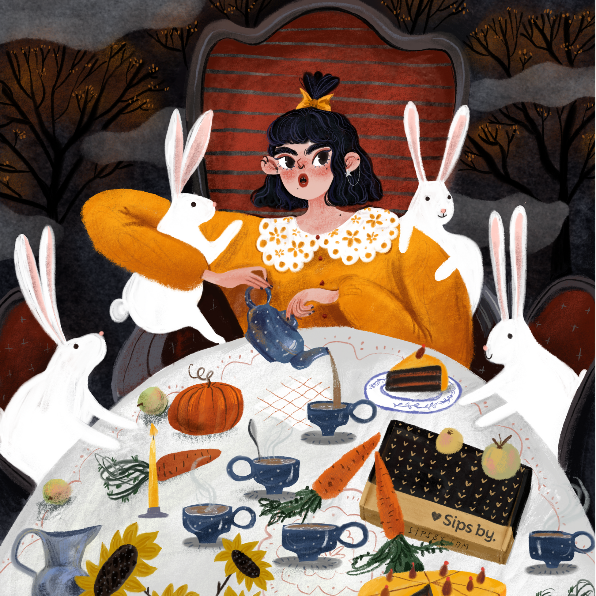 Sips by's Autumn Tea Collection illustration of a fall tea party