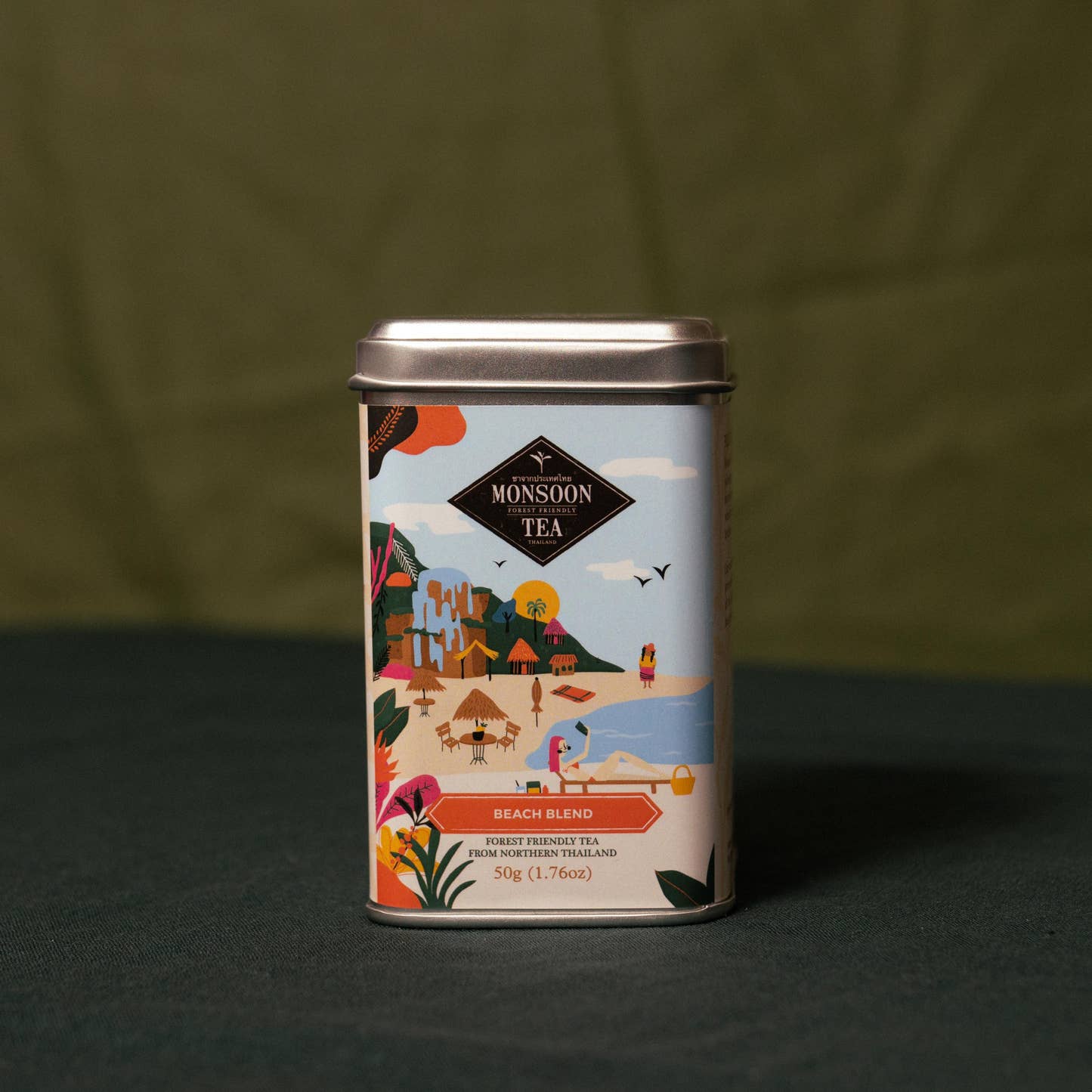 Beach Blend by Monsoon Tea loose leaf tea tin with picture of beach scene in Thailand