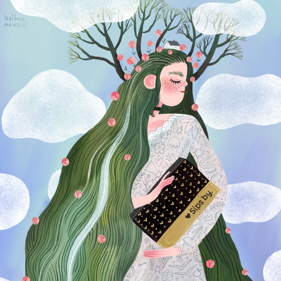 Bridal Tea Box illustration with bride in a floral wedding dress, long green hair with pink flowers, holding a Sips by box with blue and white cloud background
