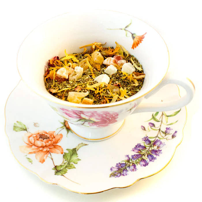 Floral tea cup with Cape Paradise loose leaf tea by Savoy Tea Co