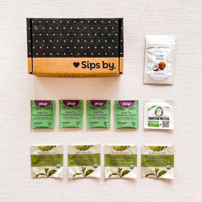 Sips by Box with four matcha tea samples from 3 Leaf Tea, The Republic of Tea, Yogi, and Baahtcha Matcha