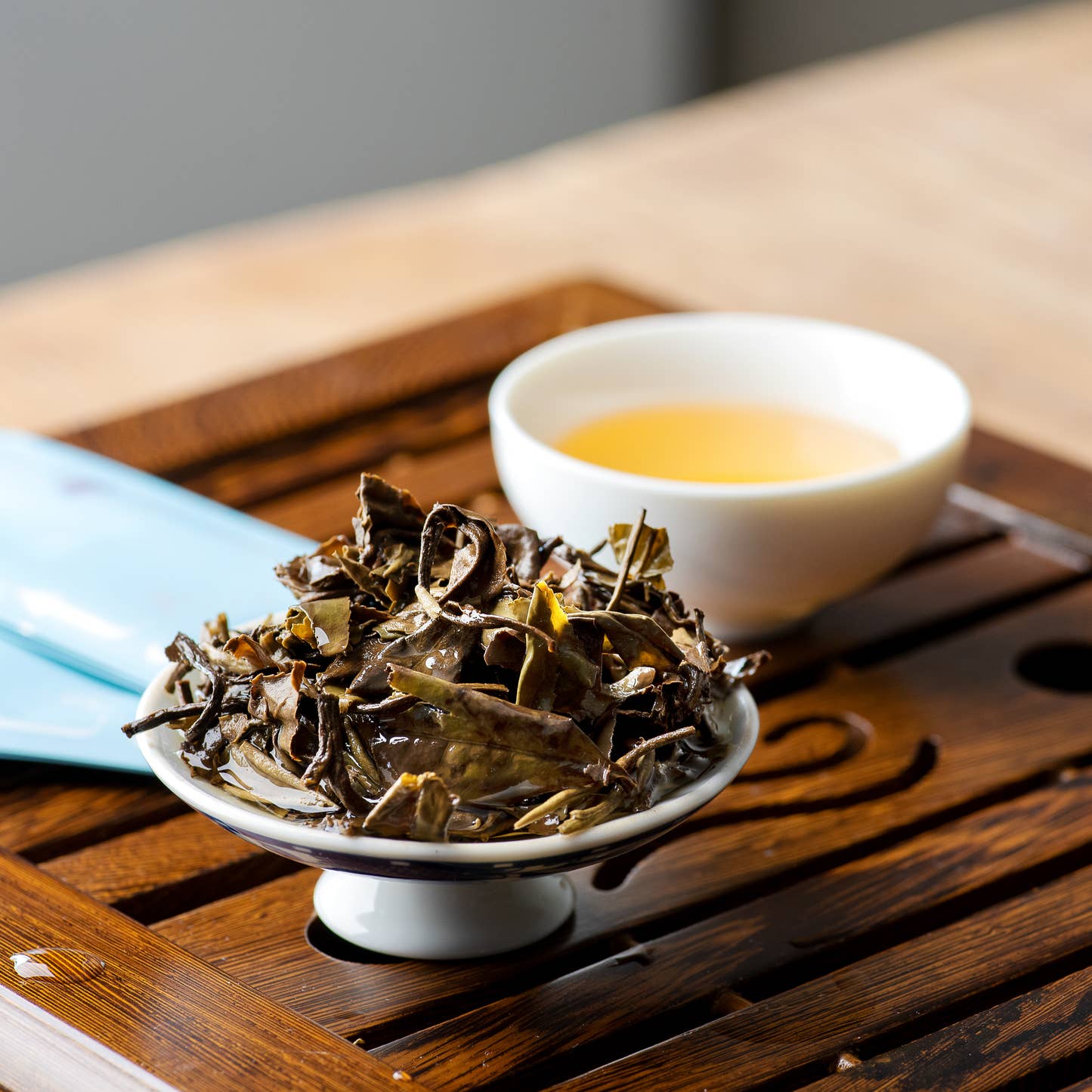 TeaVivre Fuding Shou Mei White Tea Mini Cake steeped tea leaves