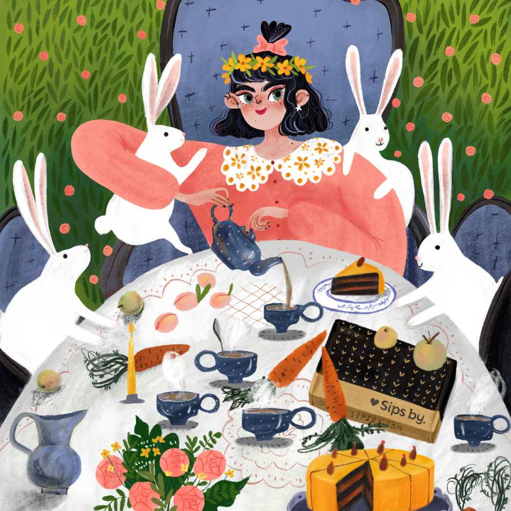 Mother's Day Tea Party illustration with a woman with dark hair in a pink floral shirt having a tea party with bunnies, cake, tea, flowers, candles, fruit, and cake